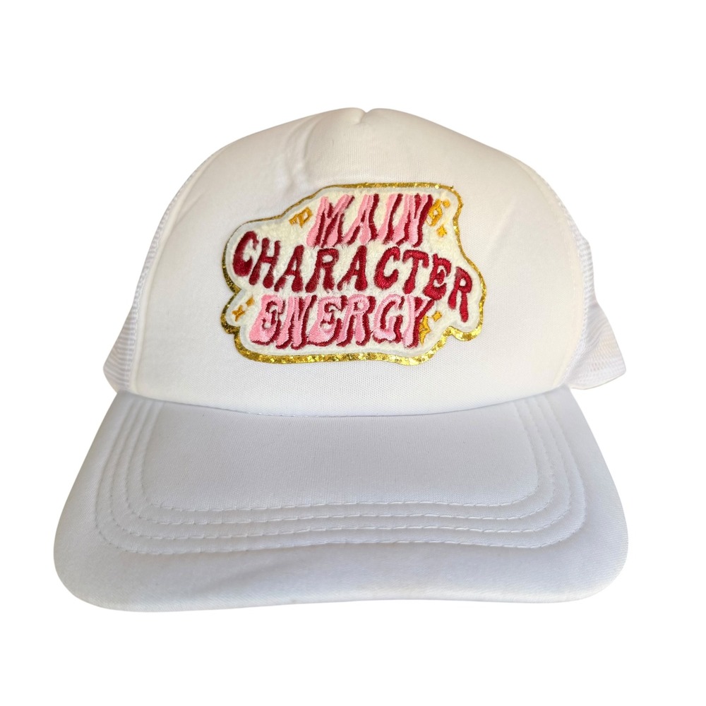Main Character Energy White Trucker Hat Mesh Snapback Cap Gold Glitter Patch